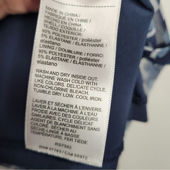 Rafella blue geometric print semi sheer sleeves mock neck career long sleeve M - Picture 5 of 7